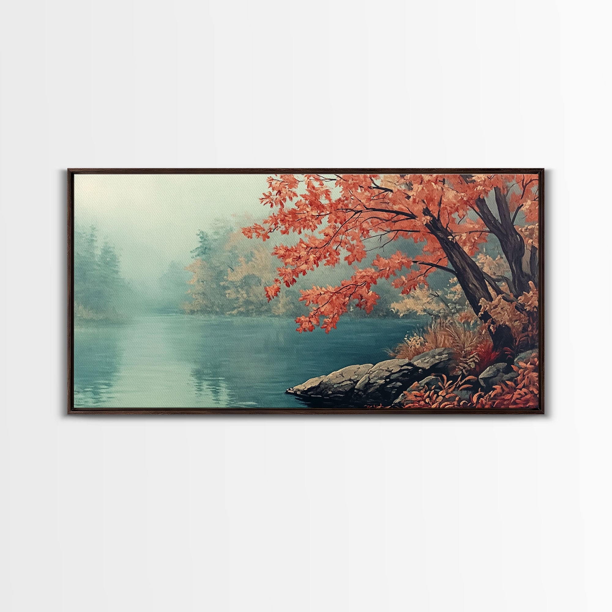 Fall On The Lake, Watercolor Landscape Painting Framed Canvas Print, retro holiday decor wall art with nostalgic vibe