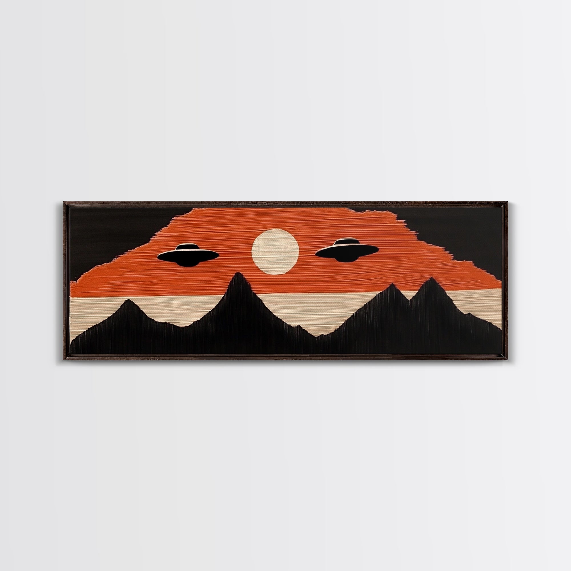 Flying Saucers over The Mountains - Retro Art Deco Inspired Scifi Art - Panoramic Print - Cute Nursery Decor