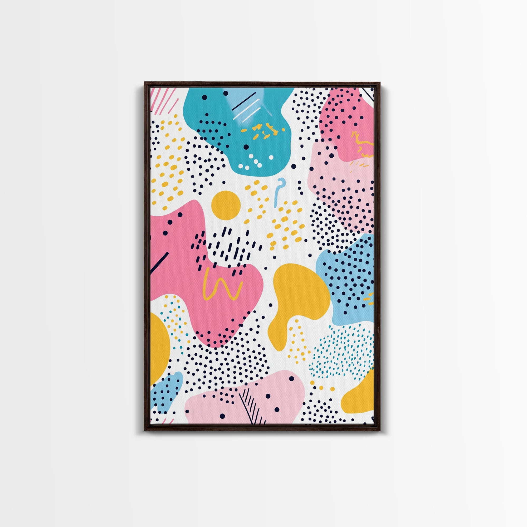 Retro 90s Style Wall Art, Framed Canvas Print, Abstract Shapes and Dots