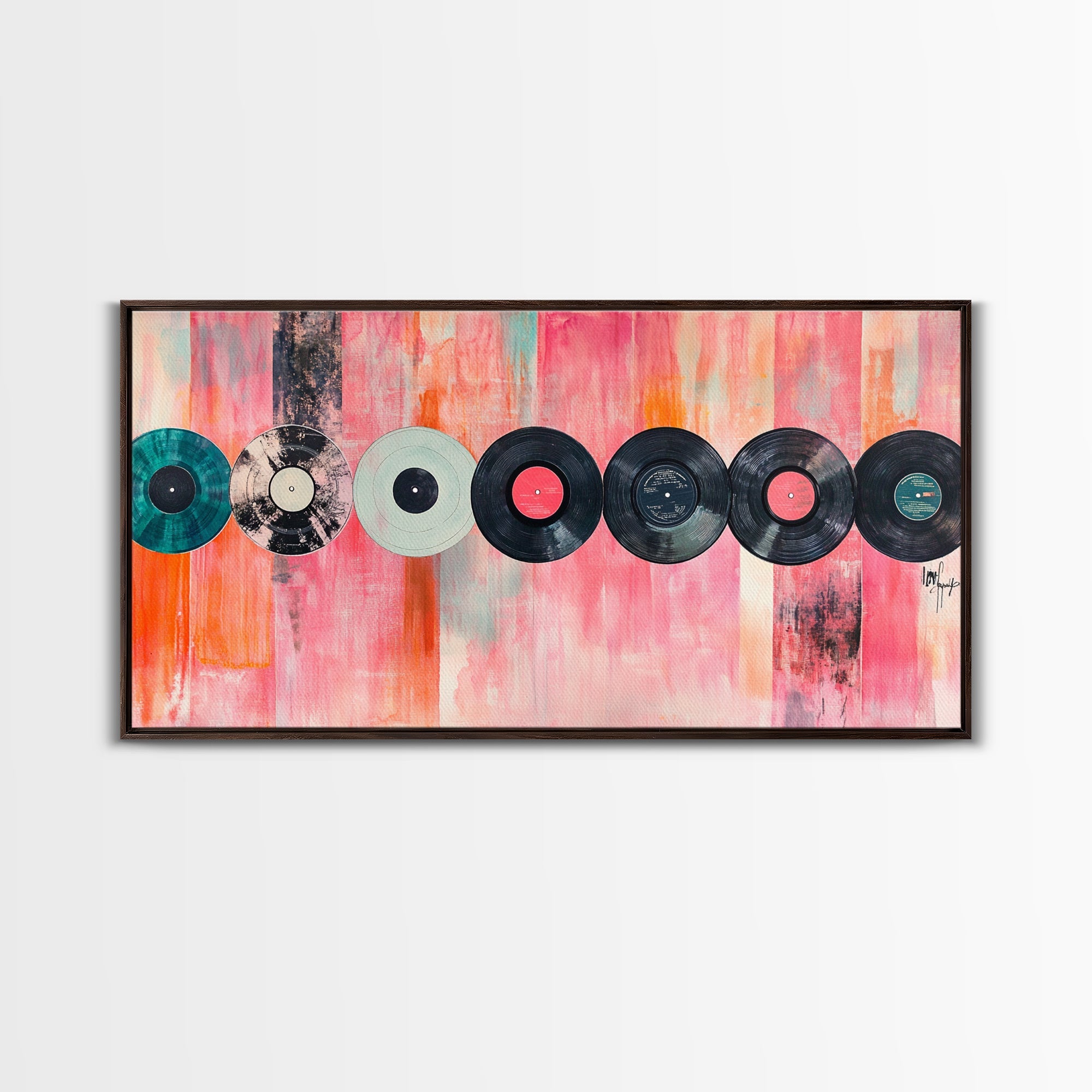 Vinyl Record Wall Art Framed Canvas Print, Pink Orange Abstract Music Art, Retro Living Room Art Minimalist Gift Idea Her