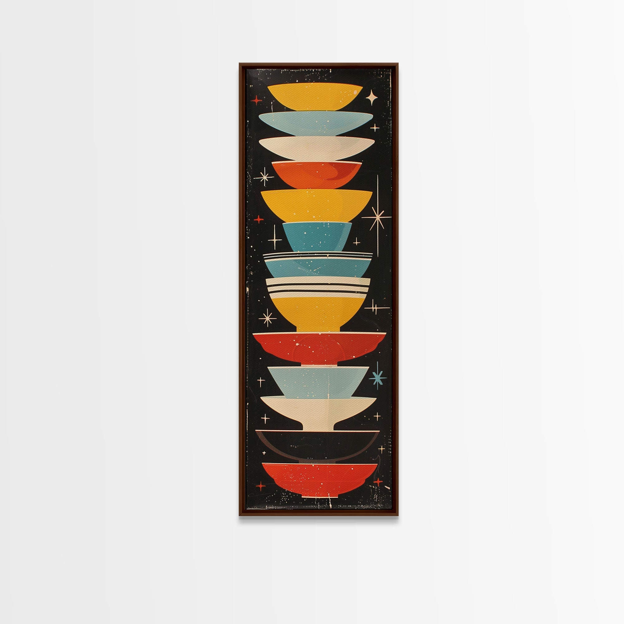 Retro Stacked Bowls Art in Midcentury Style - Framed Canvas Print, Skinny Tall Art for Living Room or Bedroom Decor