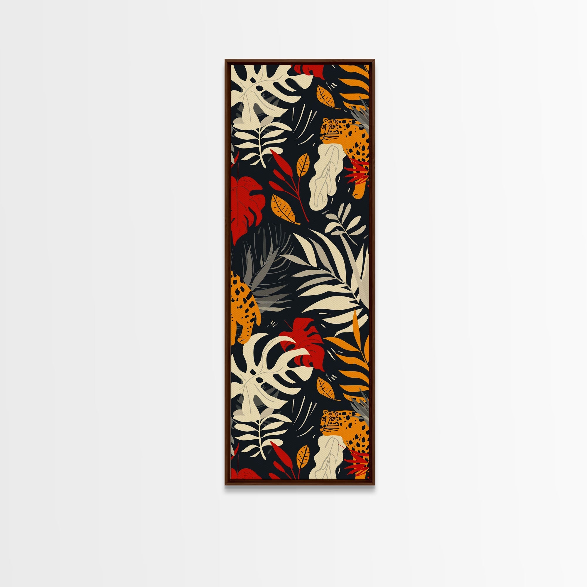 Jungle Foliage and Leopard Design on Black Background - Framed Canvas Print, Midcentury Modern Art, Skinny Art, Tall Art, Living Room Wall Decor, Boho Art