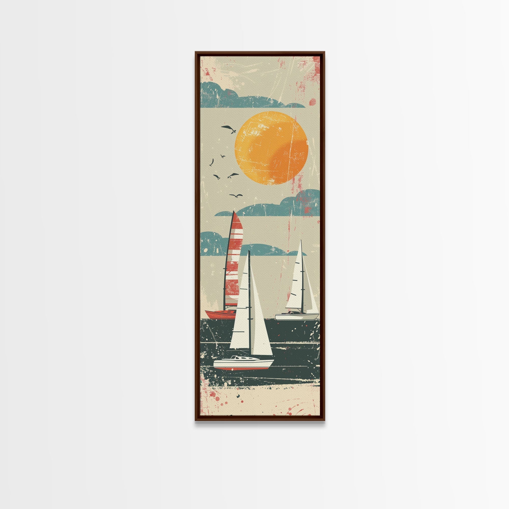 Sailboats Under the Sun, Retro Japanese Art Style Framed Canvas Print, Tall Skinny Art with a Vintage Touch
