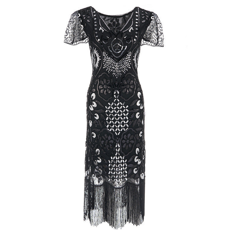 Party 1920s  Style Retro Gatsby V-Neck Evening Dress with Sequins and Fringe Short Sleeve Dress