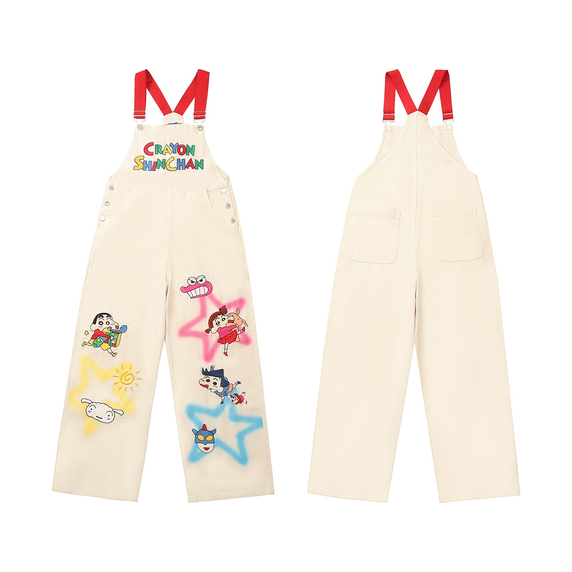 Retro Cartoon Embroidery Color Block Workwear Overalls Unisex Loose Straight Wide Leg Long Pants