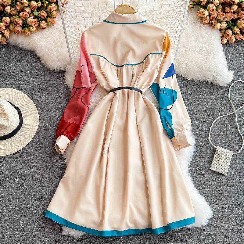 Autumn New Style Retro Temperament Mid-Length High Waisted Slim Printed Lapel Single Breasted Dress