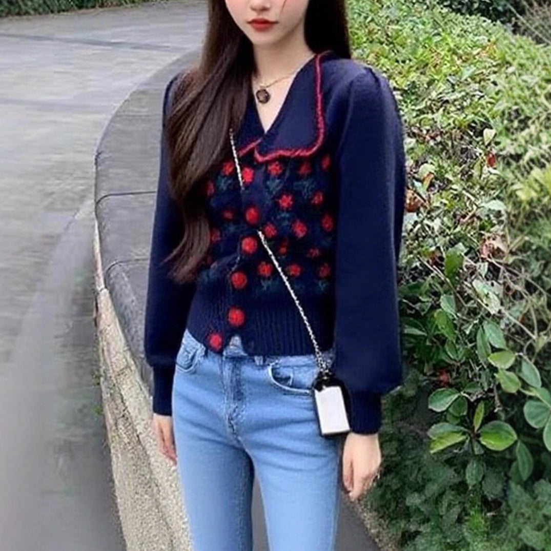 Retro Embroidered Flower Sweater Coat Women's Design Soft and Sweet Knitted Cardigan