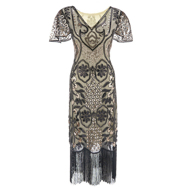Party 1920s  Style Retro Gatsby V-Neck Evening Dress with Sequins and Fringe Short Sleeve Dress
