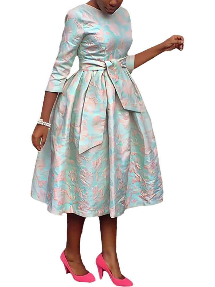 Round Neck Jacquard Fabric Swing Dress