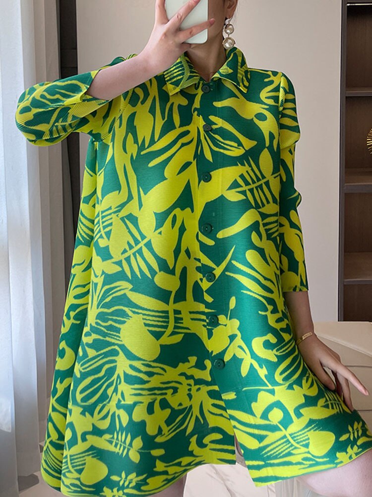Vintage Pleated Print Irregular Dress Women Lapel Loose Single Breasted Spring Summer New Elegant Fashion Tide