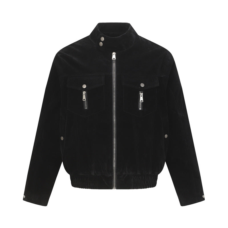 Retro Suede-Like Stand Collar Harrington Workwear Jacket, Trendy Clean Fit Oversized Outerwear for Men