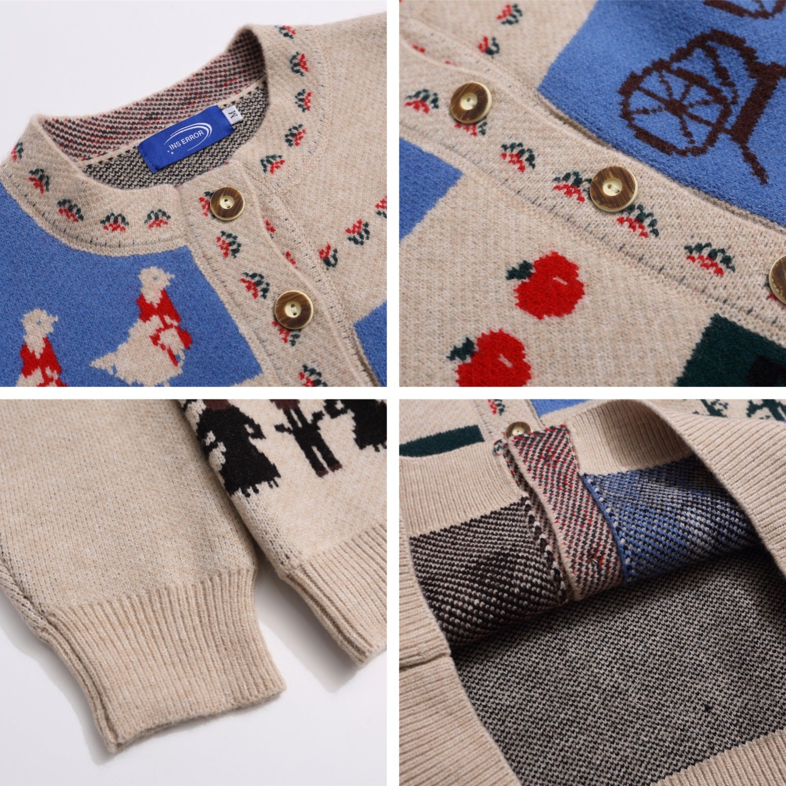 Casual Knit Cardigan with Cartoon Jacquard Pattern, Unisex Retro Style Sweater for Men and Women