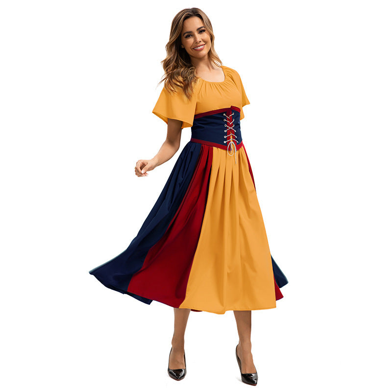 Style Medieval Retro Color-block Spliced Tie-waist Flared Dress for Costume Party Formal Dress
