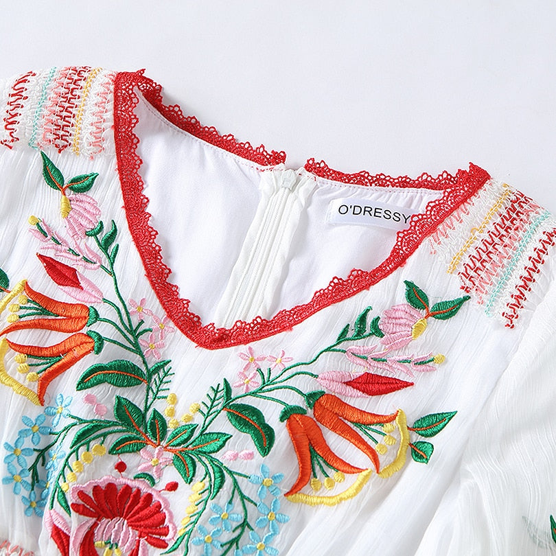 Newest Fashion  Designer Maxi Dress Women's Half Sleeve Retro Embroidery Party Cotton Long Dress