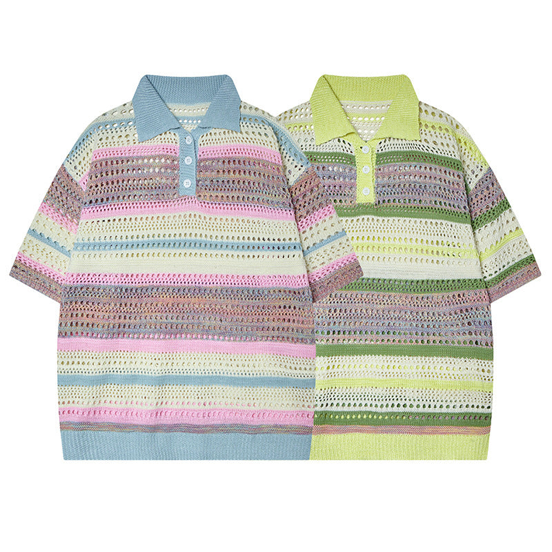 Retro Striped Gradient Floral Summer Hollow-out Shirt Unisex Couple Ins Versatile Loose Casual Top