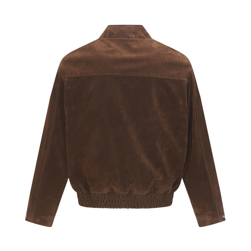 Retro Suede-Like Stand Collar Harrington Workwear Jacket, Trendy Clean Fit Oversized Outerwear for Men