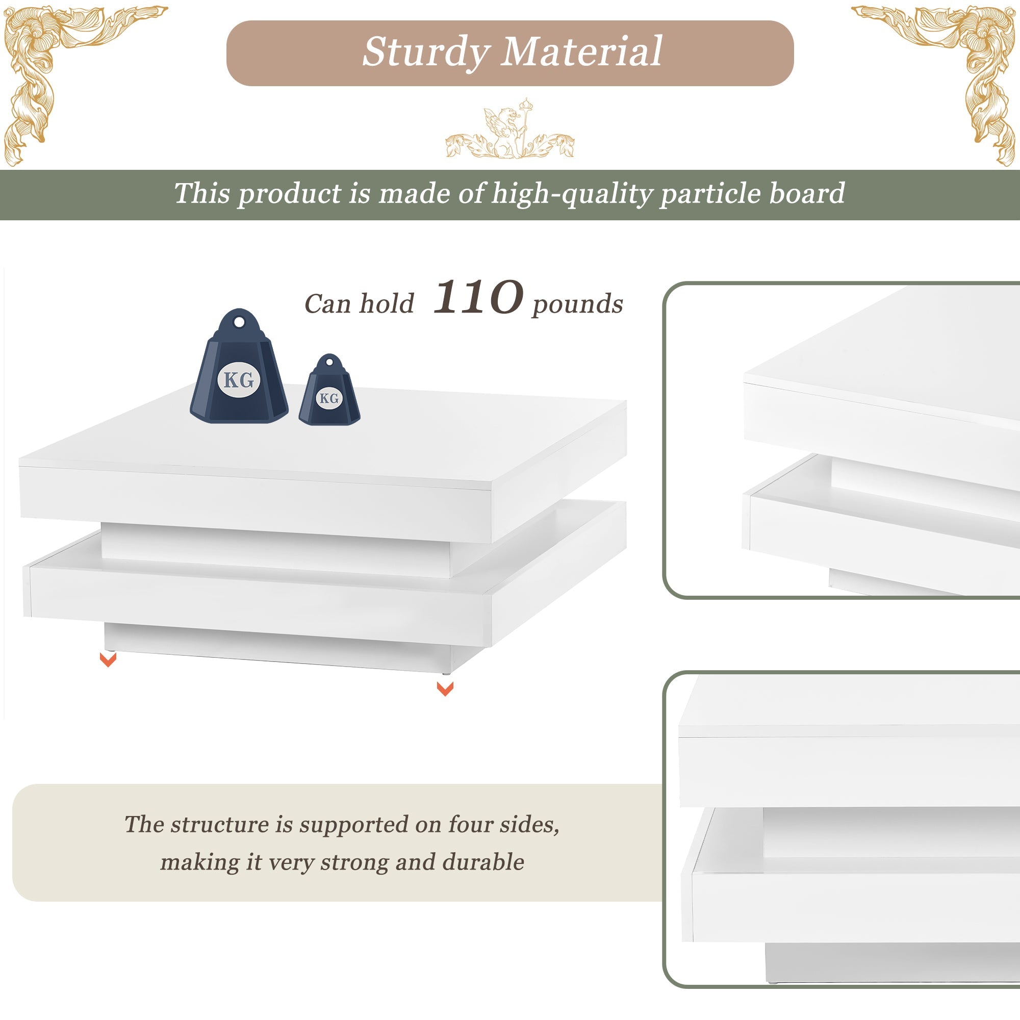 ON-TREND High Gloss Minimalist Design with LED Lights 2-Tier Square Coffee Table White