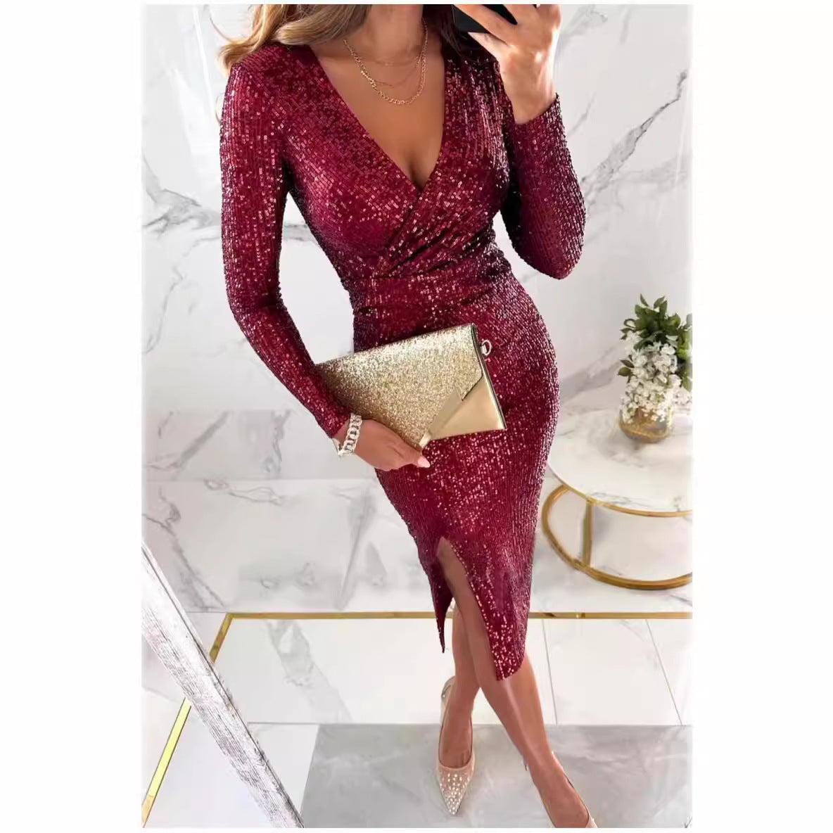 Autumn And Winter New Sequins Split Long Sleeve Dress