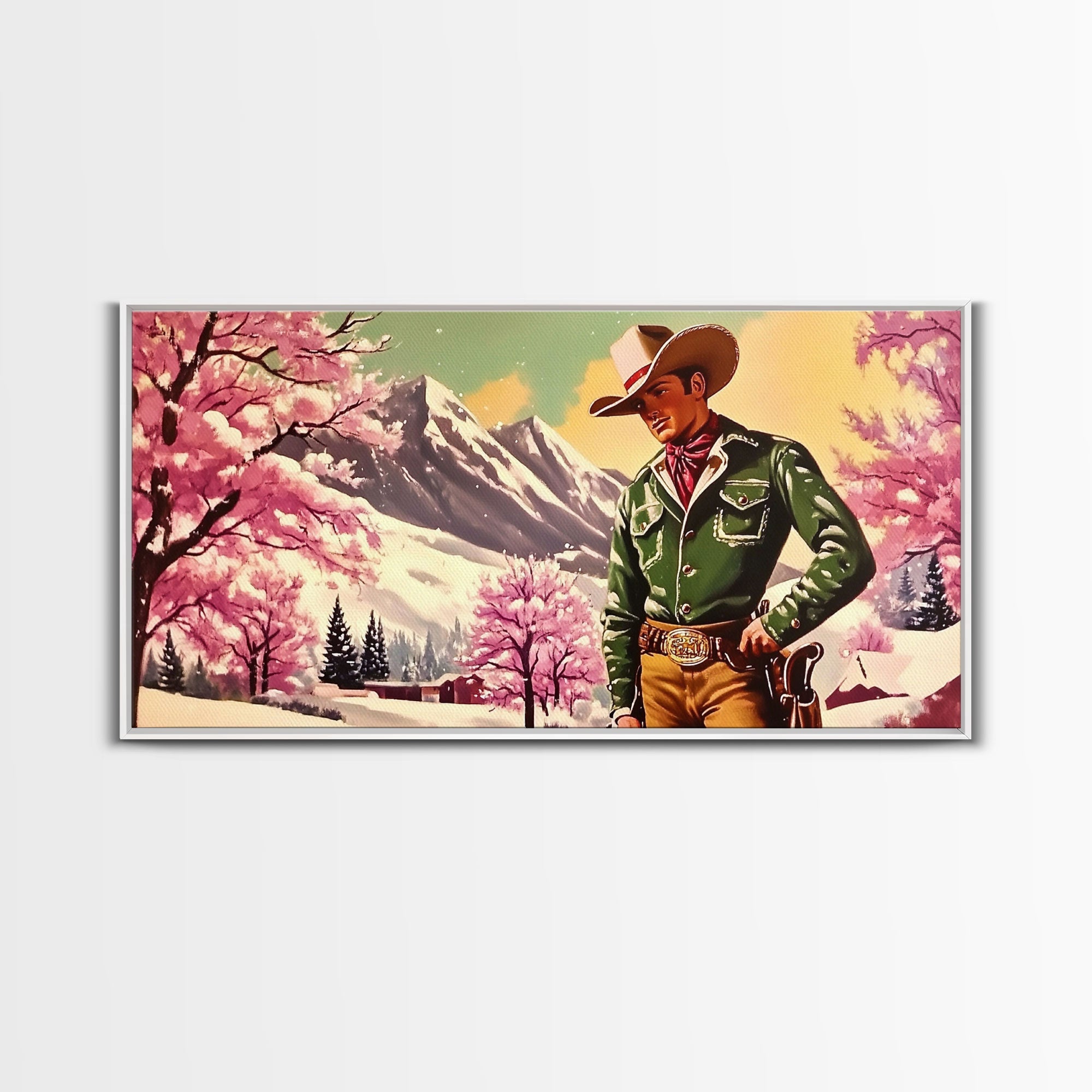 Retro Framed Canvas Print of a woman in a white dress standing next to a vintage pink truck, holiday wall art gift ideas any space