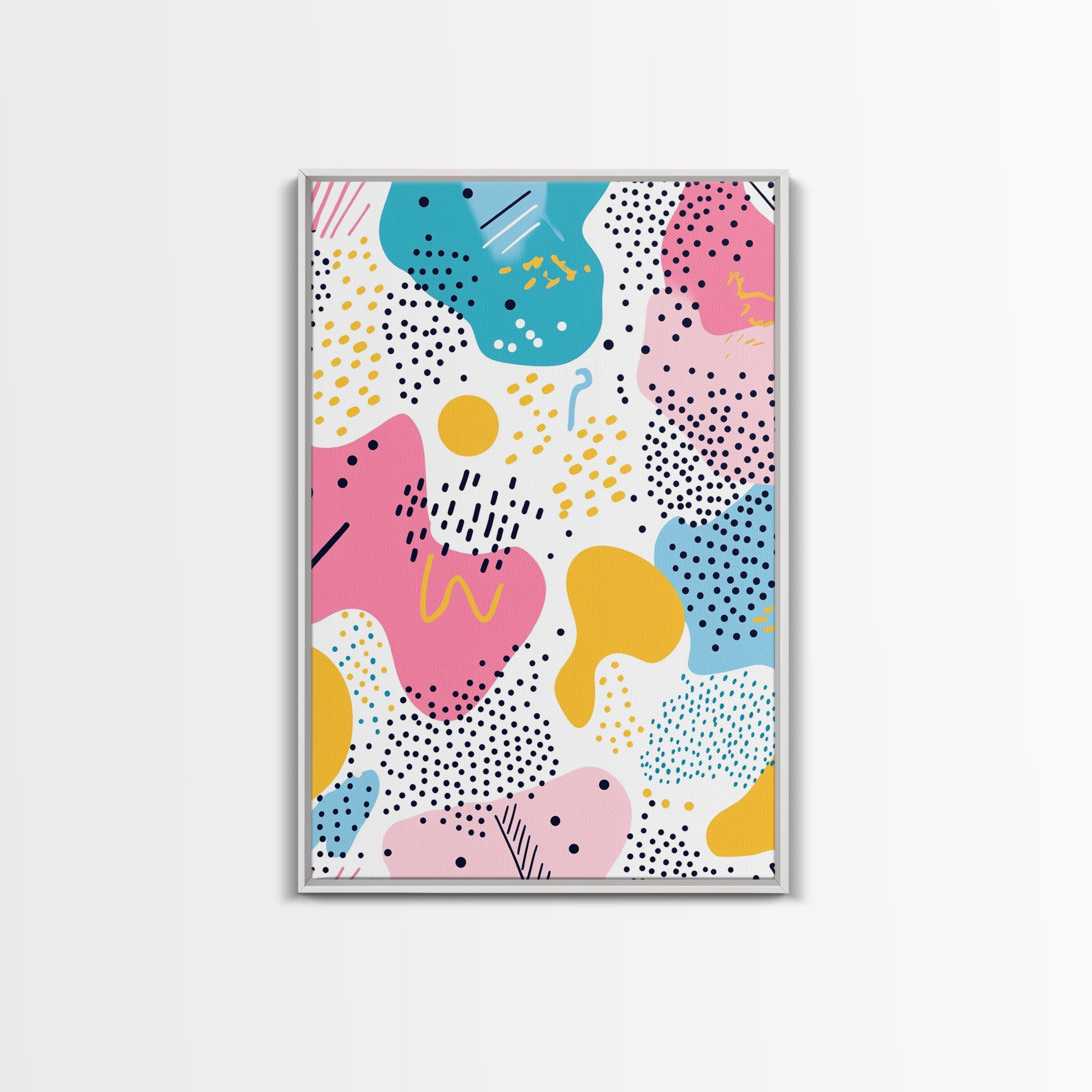 Retro 90s Style Wall Art, Framed Canvas Print, Abstract Shapes and Dots
