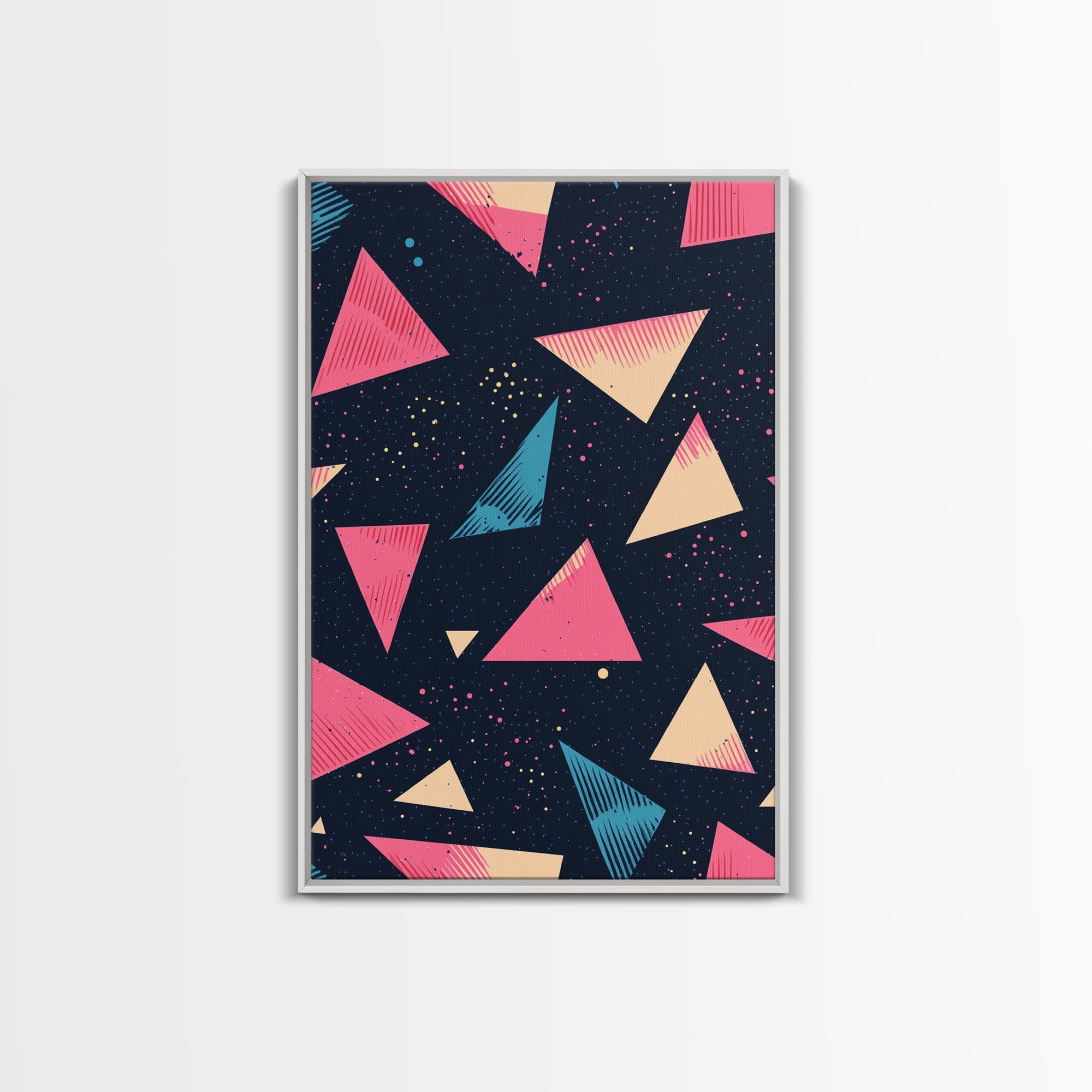 Retro 90s Style Wall Art Framed Canvas Print, Synthwave Abstract Triangles