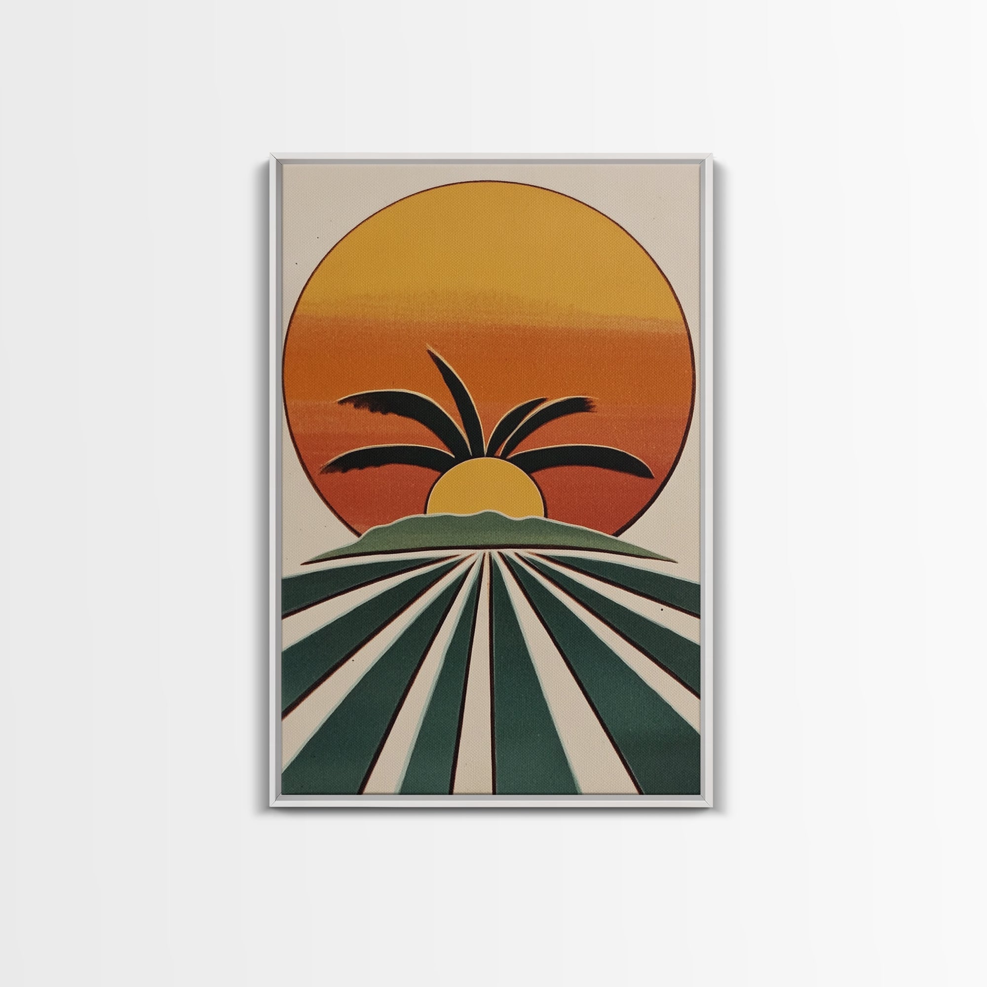 Palm Tree Sunset, Wood Framed Wall Art, Canvas Print, Boho Home Decor, Retro Style Modern Art
