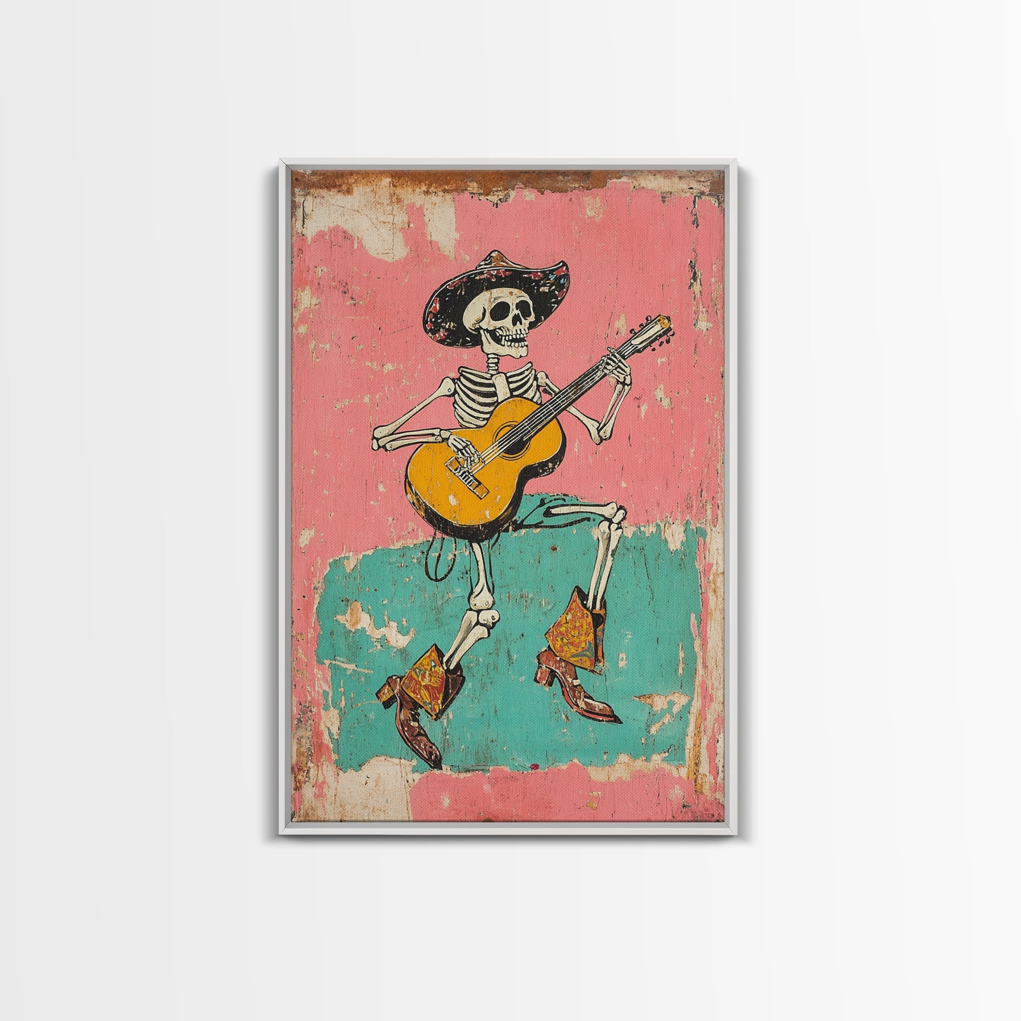 Retro Vaquero Skeleton Art Print, Canvas Art, Chicano Art, Spooky Mexican Art, Sugar Skull Art