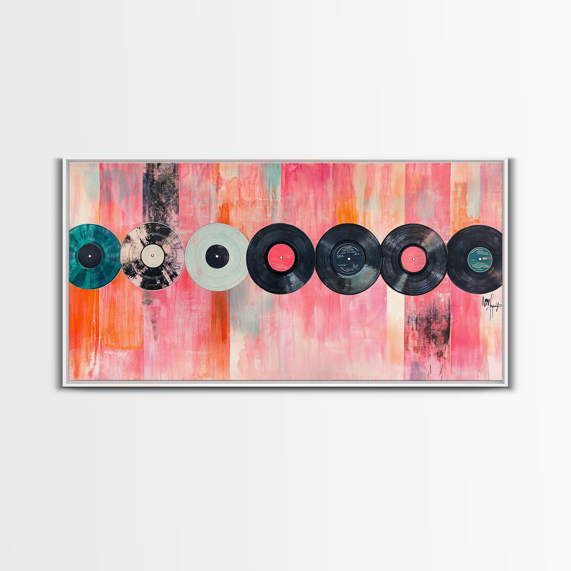 Vinyl Record Wall Art Framed Canvas Print, Pink Orange Abstract Music Art, Retro Living Room Art Minimalist Gift Idea Her