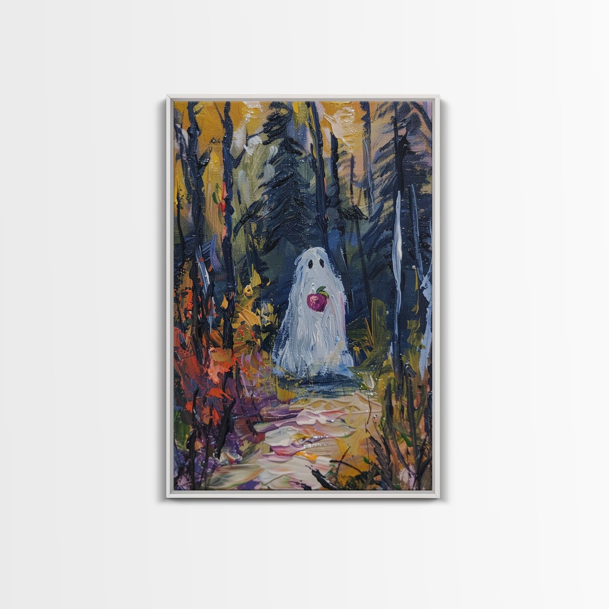 Halloween Ghost in Forest with Apple Framed Canvas Print, Whimsical Spooky Decor, Living Room Art, Fun Halloween Art, Home Decor, Retro Art