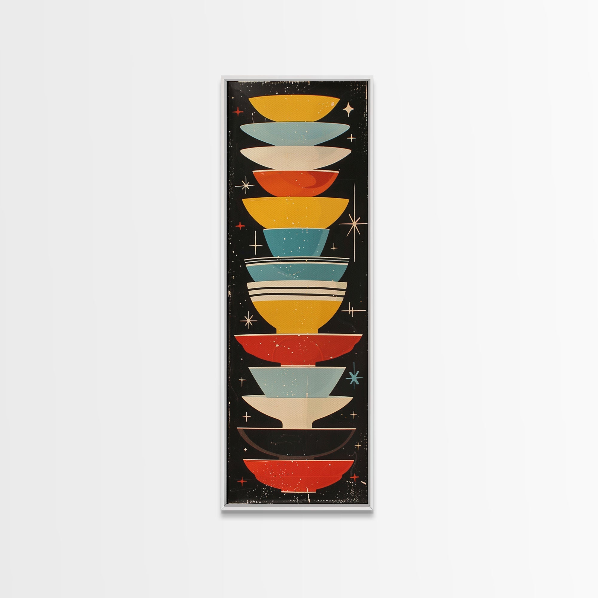 Retro Stacked Bowls Art in Midcentury Style - Framed Canvas Print, Skinny Tall Art for Living Room or Bedroom Decor
