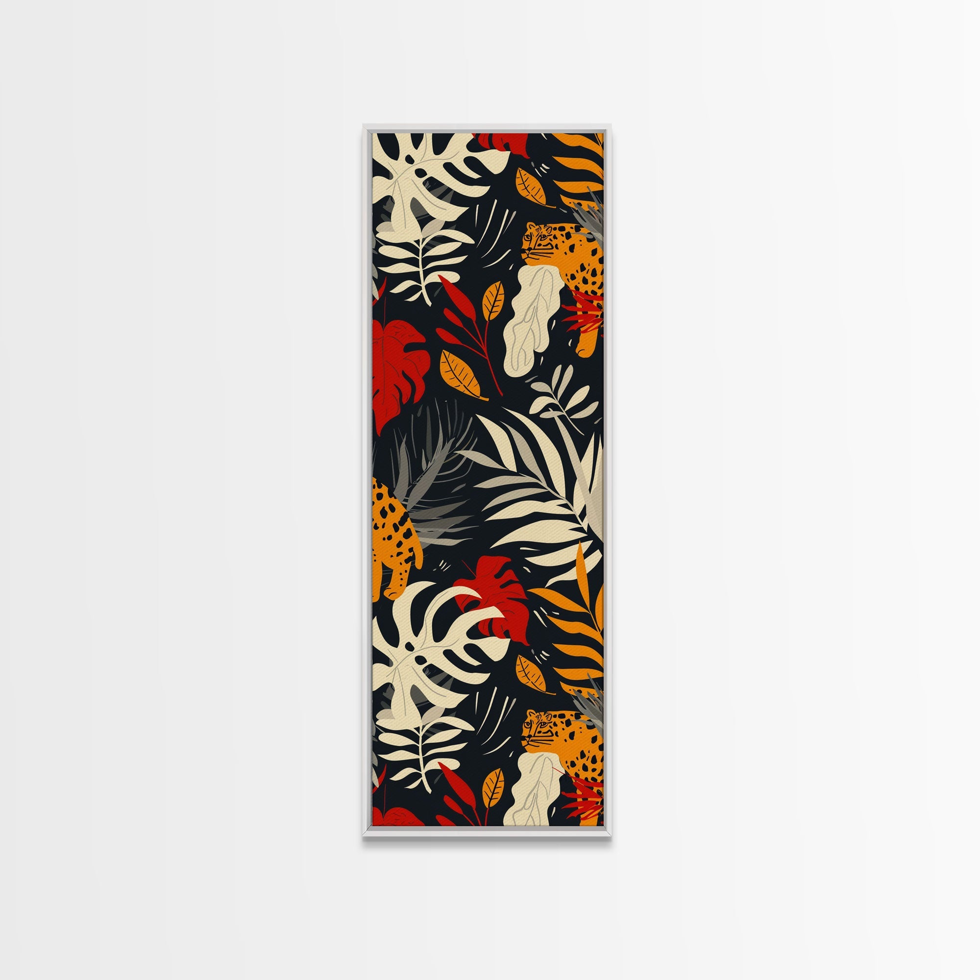 Jungle Foliage and Leopard Design on Black Background - Framed Canvas Print, Midcentury Modern Art, Skinny Art, Tall Art, Living Room Wall Decor, Boho Art