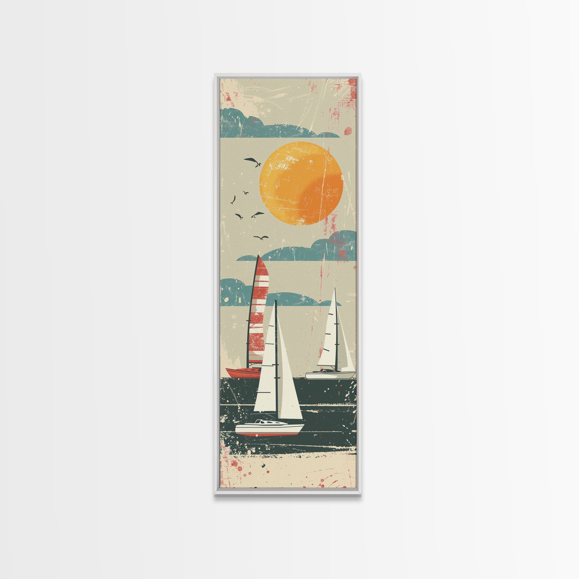 Sailboats Under the Sun, Retro Japanese Art Style Framed Canvas Print, Tall Skinny Art with a Vintage Touch