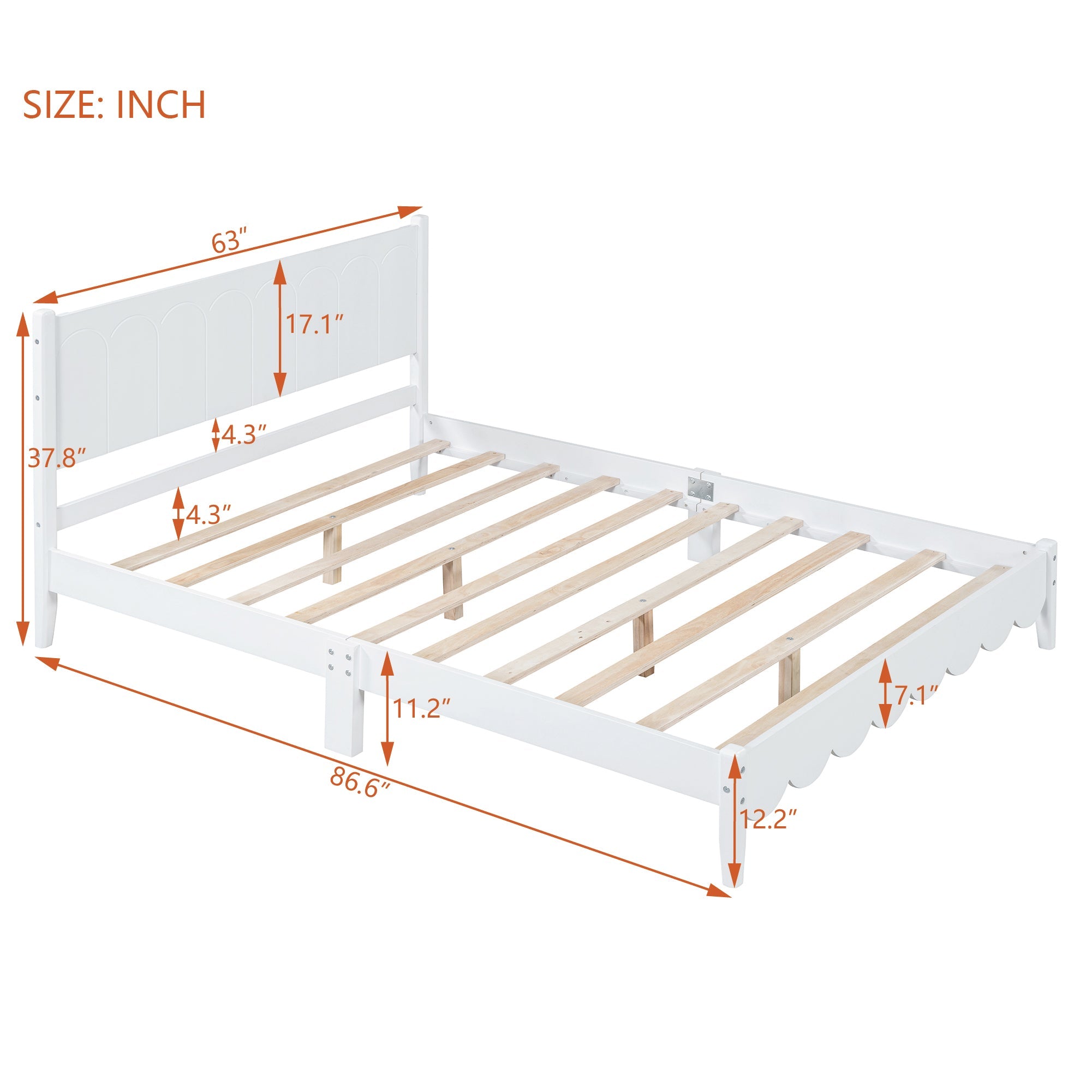 Queen Size Wood Platform Bed Frame, Retro Style Bed with Rectangular Headboard,No Need Box Spring,White