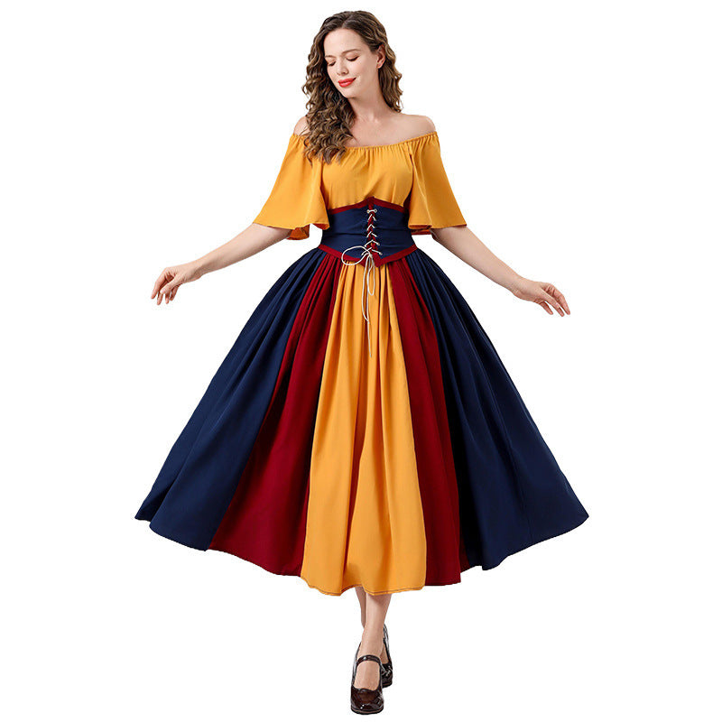 Medieval Vintage Dress with Patchwork Flutter Sleeves Princess Style Formal Gown Puffy Dress