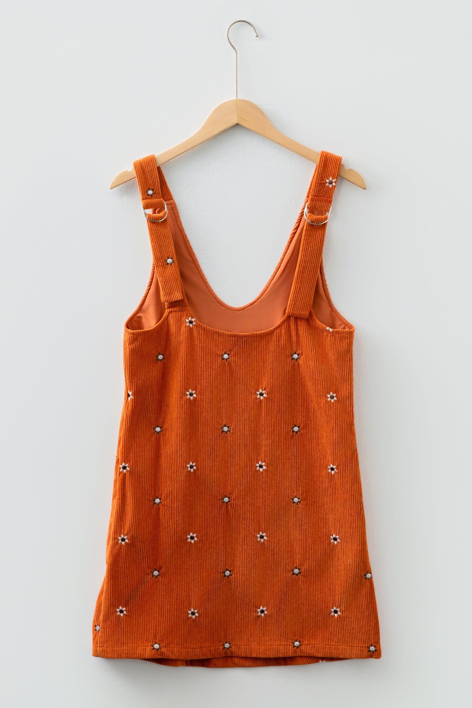 Gold Flame Flower Embroidered Corduroy Overall Mini Dress