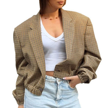 Vintage Plaid Short Blazer Women's Loose Fit Slimming Versatile Suit Jacket