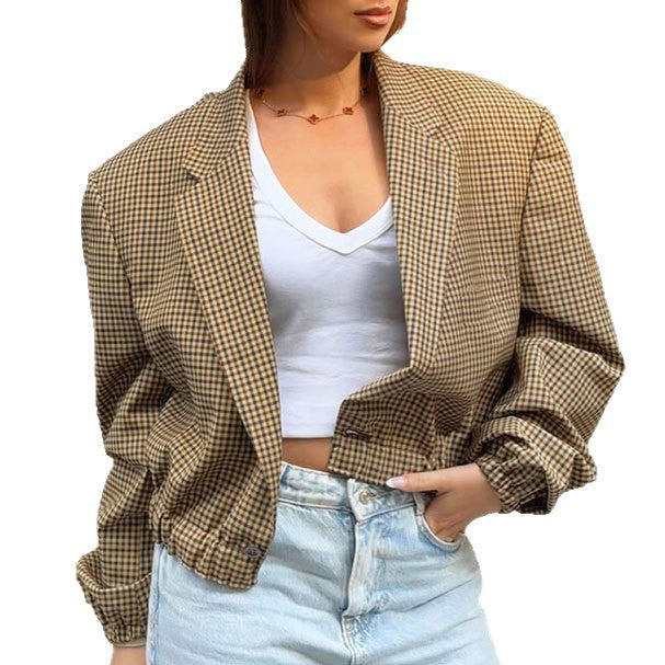 Vintage Plaid Short Blazer Women's Loose Fit Slimming Versatile Suit Jacket