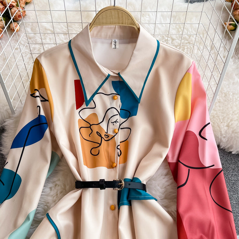 Autumn New Style Retro Temperament Mid-Length High Waisted Slim Printed Lapel Single Breasted Dress