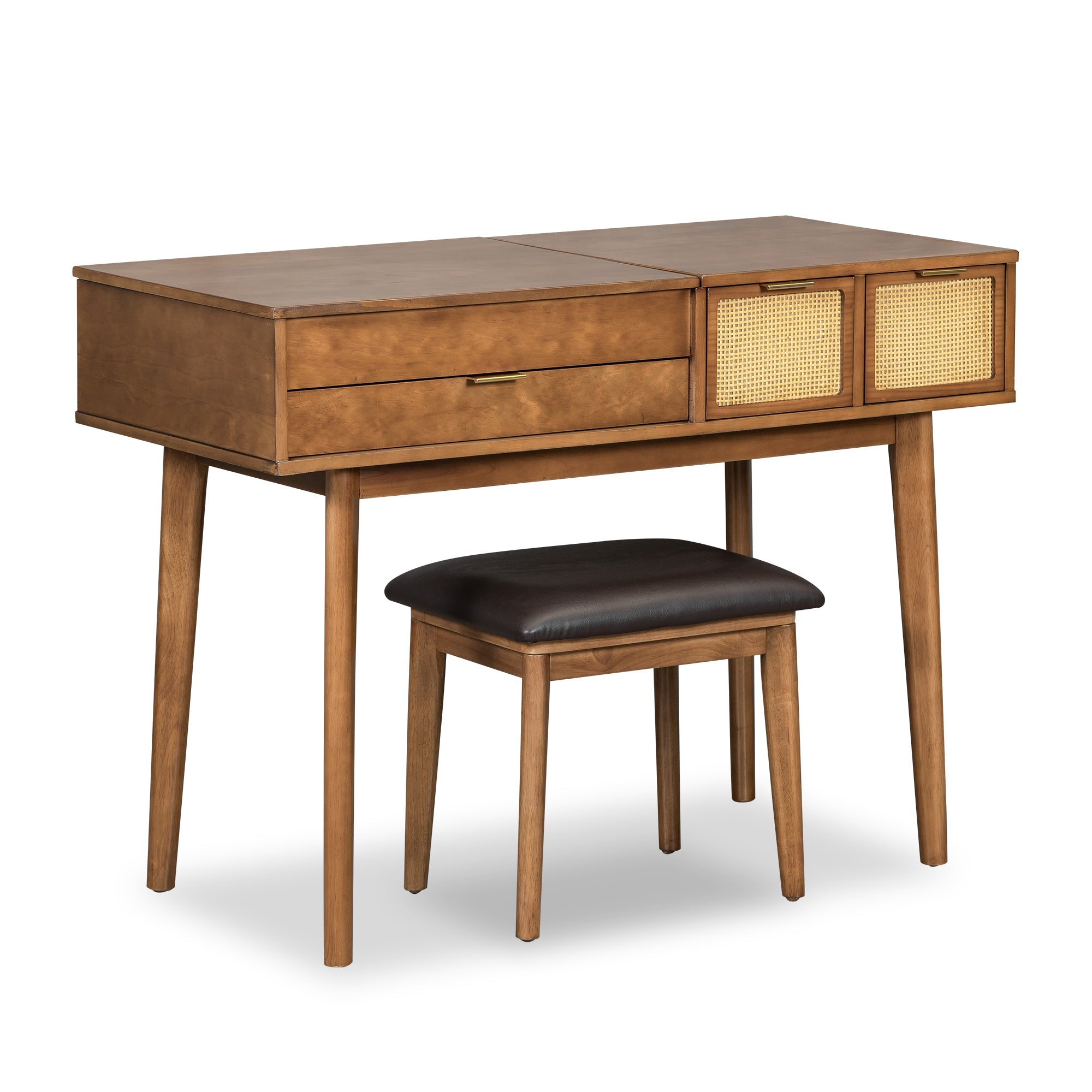 43.3 "Wooden vanity set with flip mirror and stool, three drawers and storage space for dressing table, brown