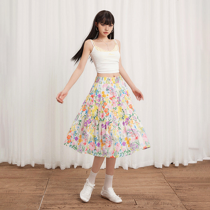 Floral Print High-Waisted Loose Vintage A-Line Midi Skirt for Women