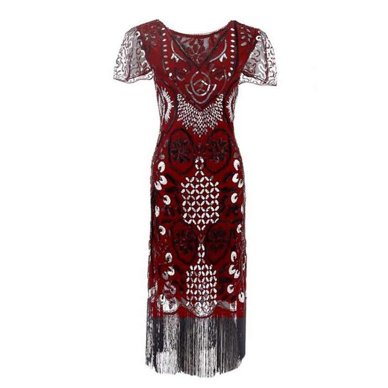 Party 1920s  Style Retro Gatsby V-Neck Evening Dress with Sequins and Fringe Short Sleeve Dress