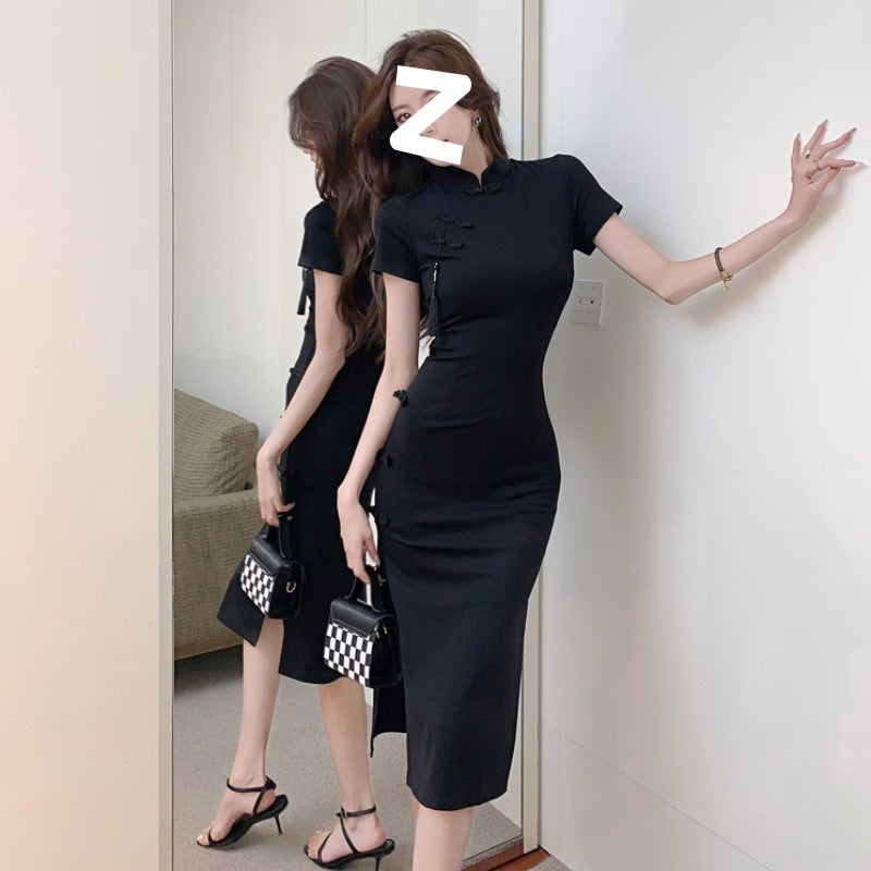 Vintage Button Modified Cheongsam Dress Women's High-Grade Black Dress Waist-Cinching Slit Pencil Skirt