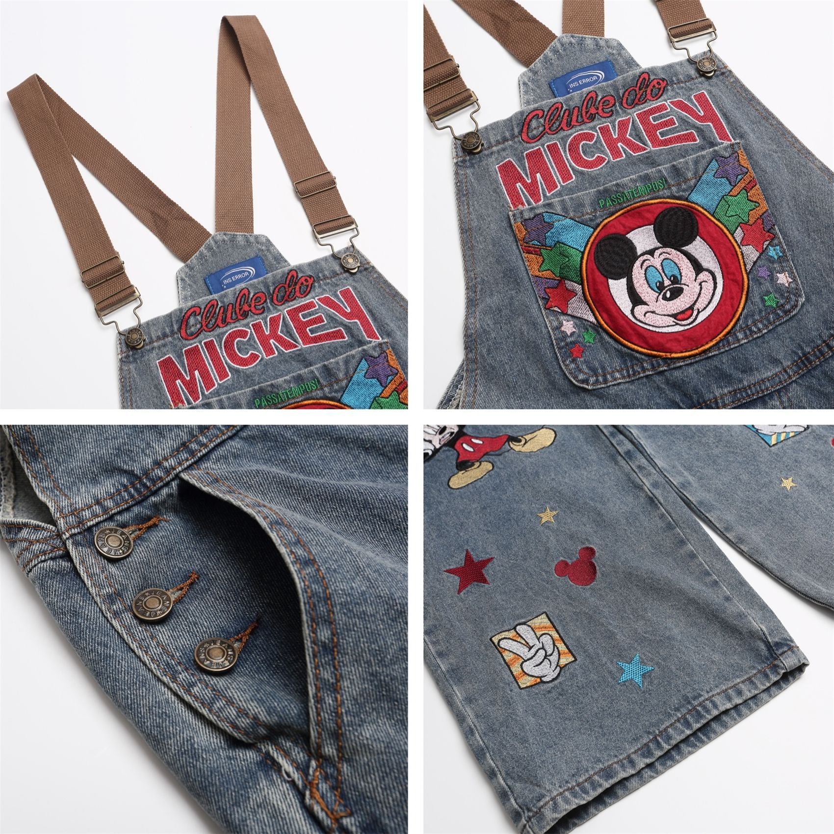 Retro Cartoon Embroidery Washed Denim Overalls Unisex Unique Design Loose Jumpsuit