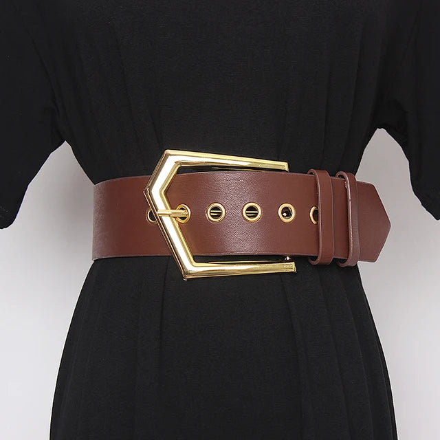 New Genuine Leather Belt Female Vintage Metal Buckle Wide Leather Waistband Women Designer Brand Belt Lady