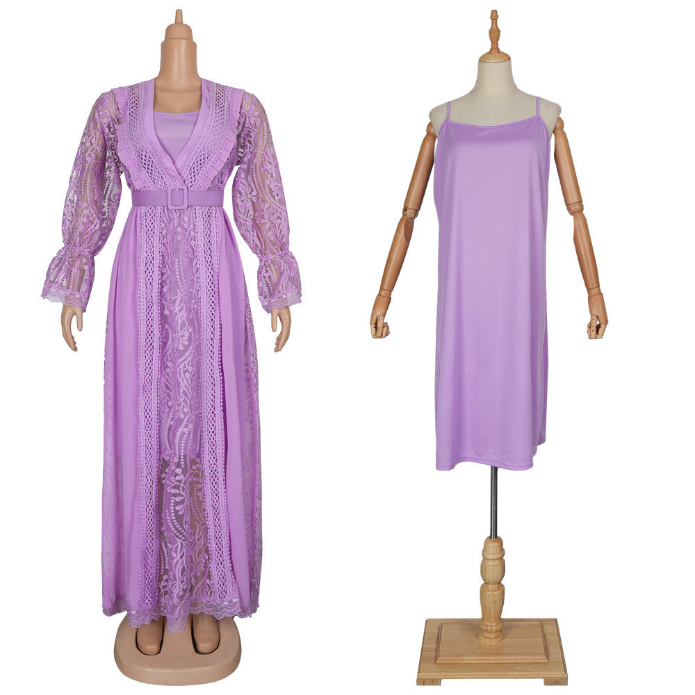 Embroidered Lace Hollow-out Long Sleeve Elegant Dress Suspender Skirt Two-piece Set