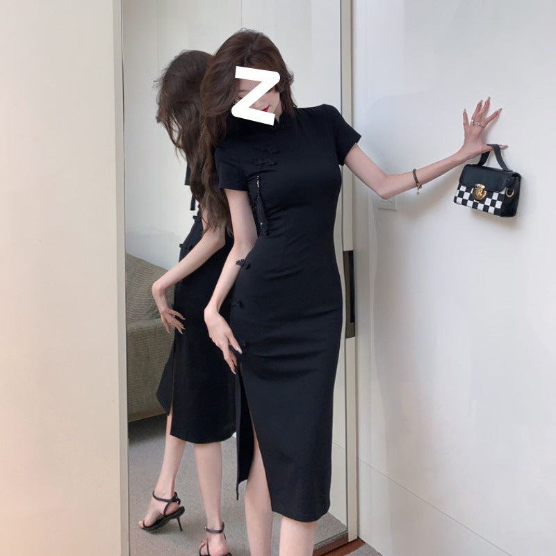 Vintage Button Modified Cheongsam Dress Women's High-Grade Black Dress Waist-Cinching Slit Pencil Skirt