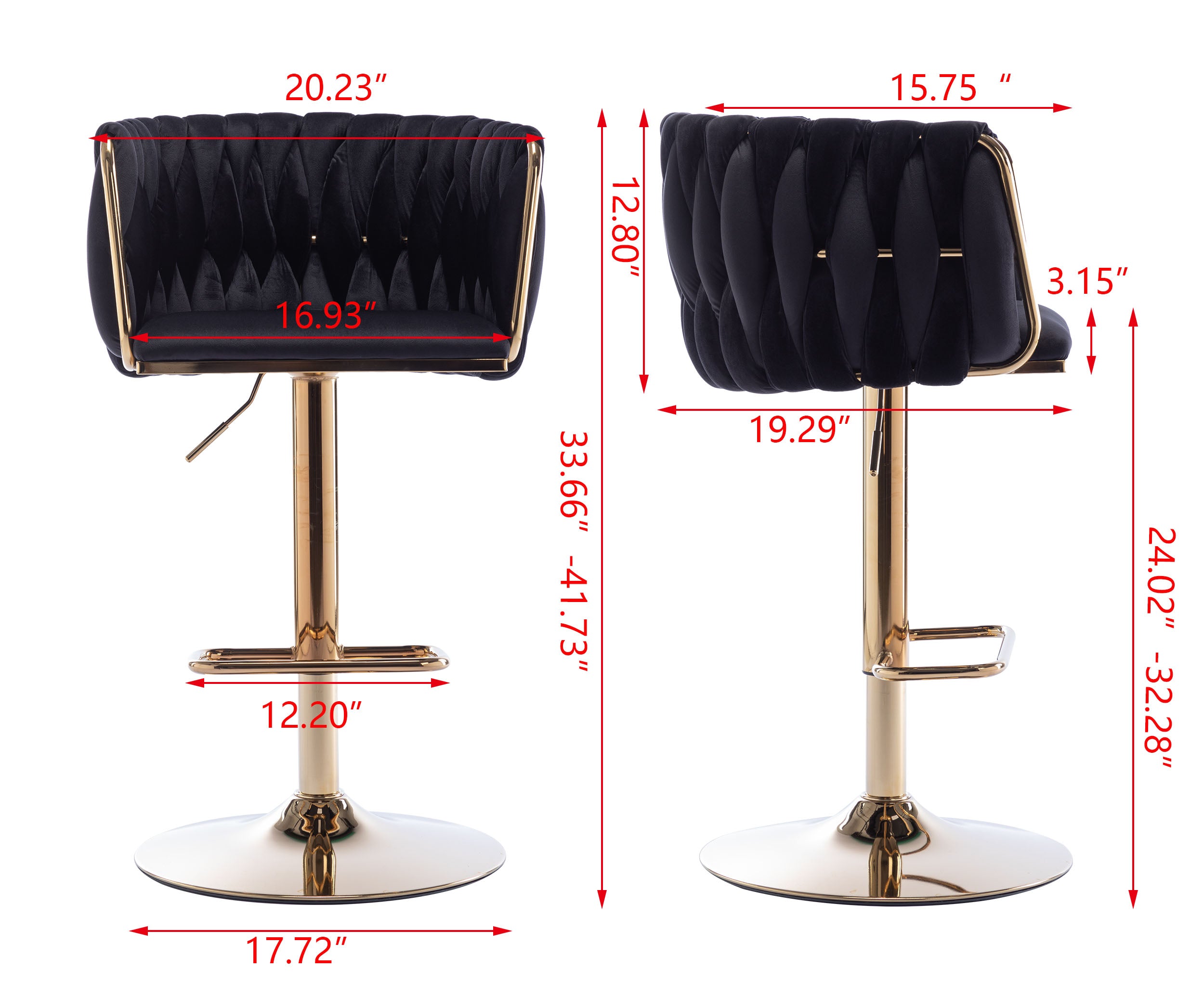 Set of 2 Bar Stools with Chrome Footrest and Base Swivel Height  Velvet + Golden Leg Simple Bar Stool-Black