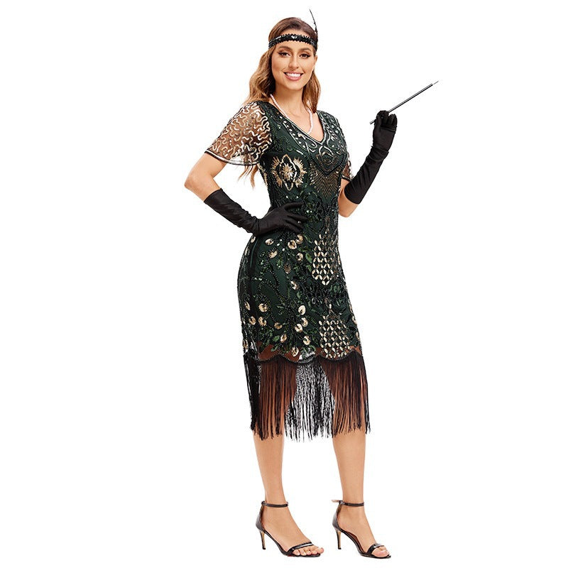 Party 1920s  Style Retro Gatsby V-Neck Evening Dress with Sequins and Fringe Short Sleeve Dress