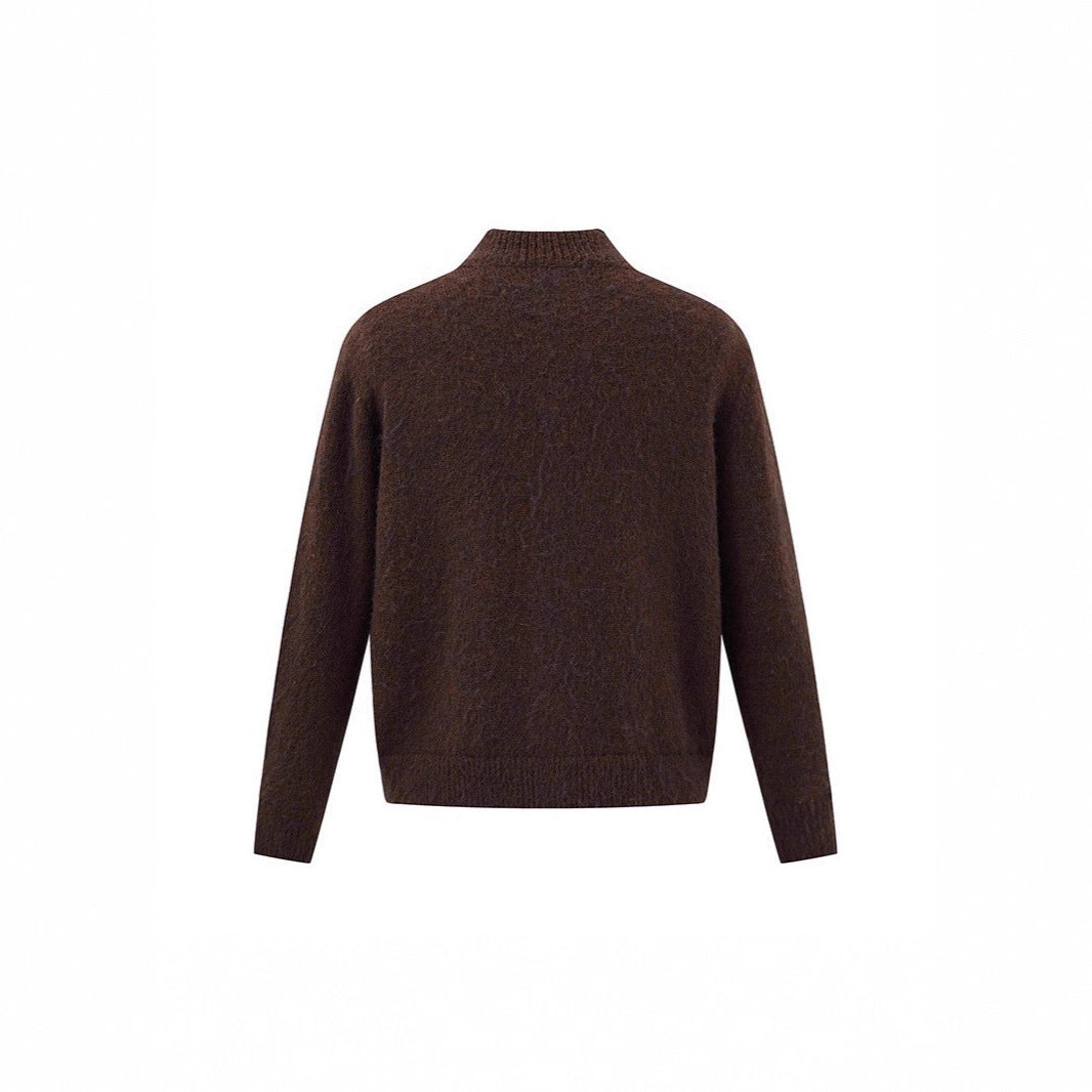 Vintage Stand Collar Melange Knit Cardigan Sweater Coat for Men and Women Couple