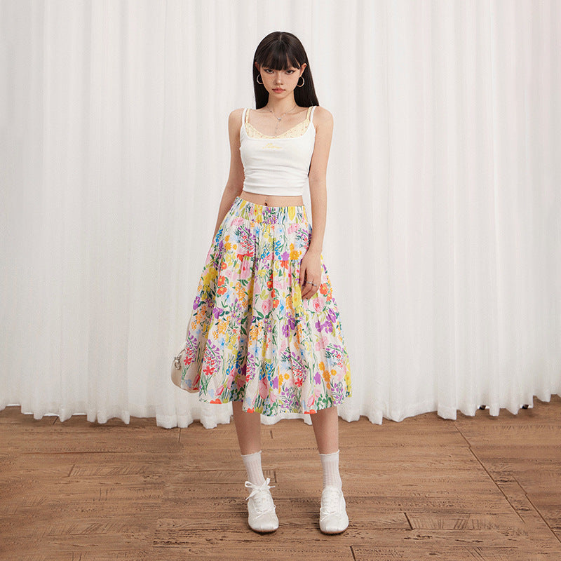 Floral Print High-Waisted Loose Vintage A-Line Midi Skirt for Women